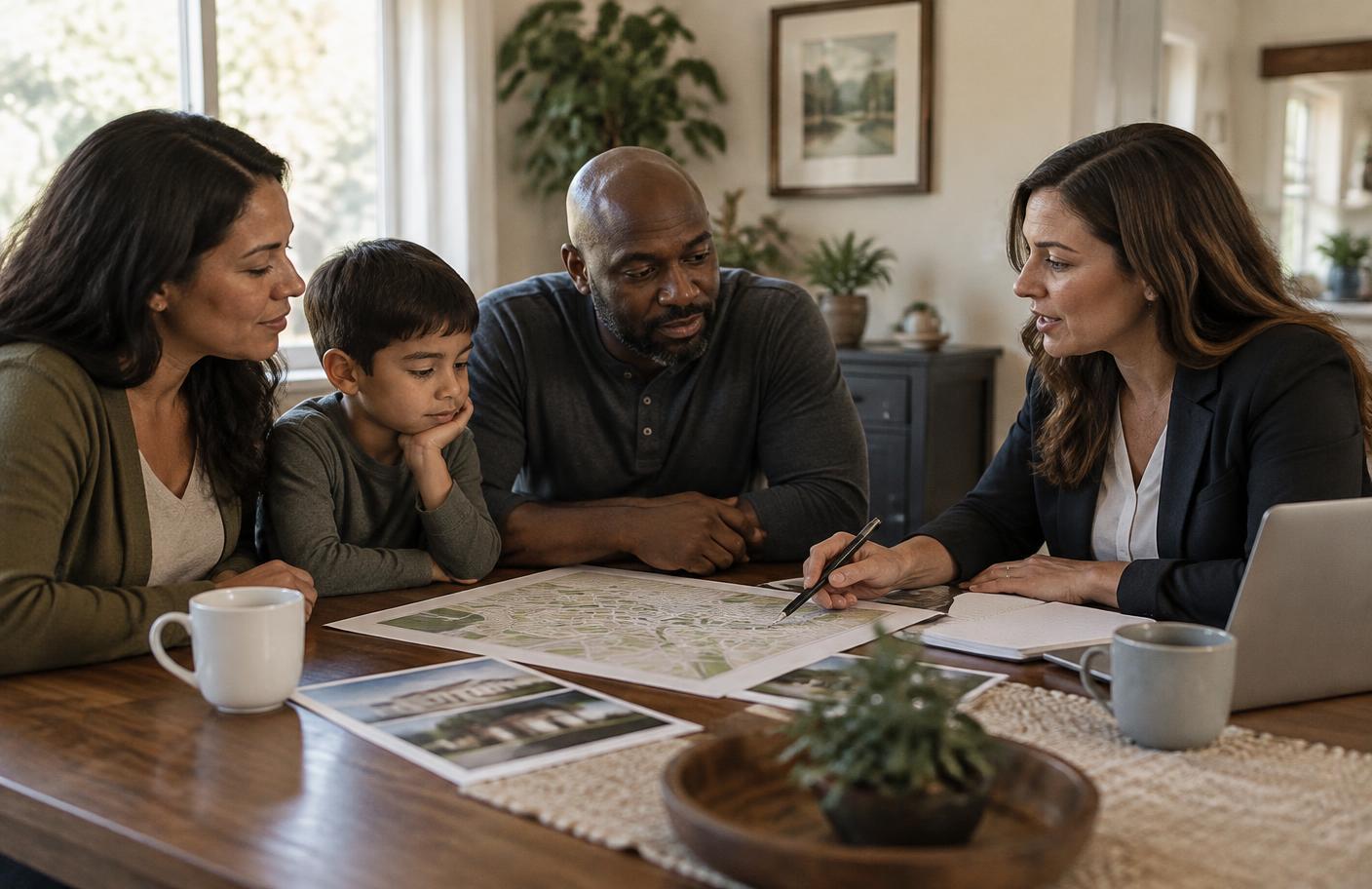A family discussing housing decisions with a guide